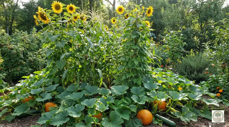 Dense vibrant food forest with tomatoes, sunflowers and greens