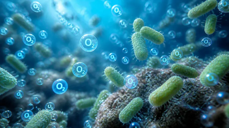 A highly detailed illustration of aerobic bacteria for septic tanks thriving in an oxygen-rich environment underground