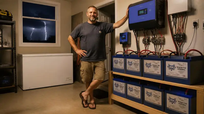 A confident homeowner standing next to a highly organized, self-built DIY home battery backup system in their well-lit garage during a storm