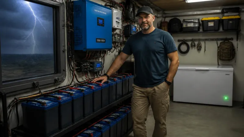 A highly organized, self-built stealth diy home battery backup system operating silently in a well-lit garage during a severe storm