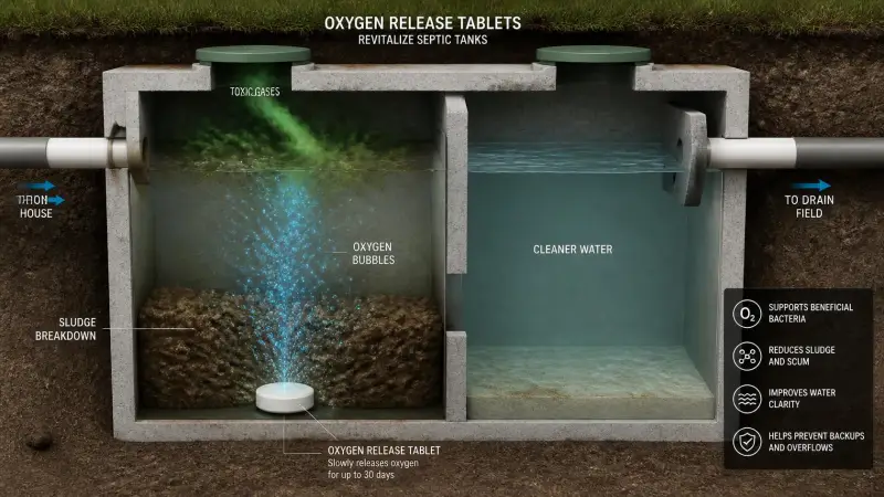 Educational diagram showing how oxygen-releasing tablets introduce aerobic bacteria to destroy the rotten egg smell from septic tank
