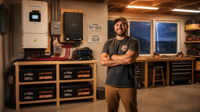 A proud homeowner showing off their successfully built diy solar generator for home and battery power wall inside their garage