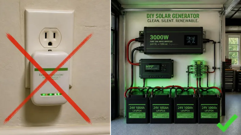 A split screen comparing a useless plug-in device to save electricity bill on the left, and a robust, self-built solar generator on the right