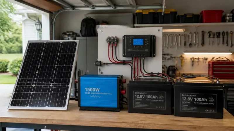 A well-organized diy solar generator for home set up in a modern garage, providing clean and silent power