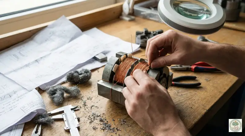 Engineer assembling copper coils and magnets for a zero point energy device