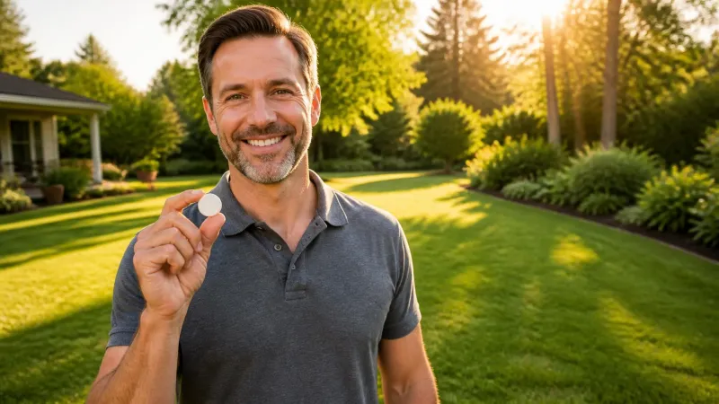A relieved homeowner holding an oxygen releasing septic treatment tablet, standing over a perfectly healthy, green lawn