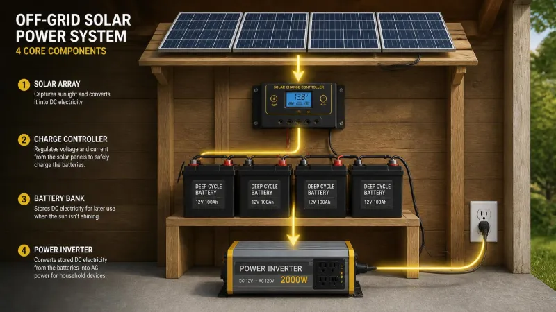An educational diagram showing the core components of how to build a solar power system from scratch