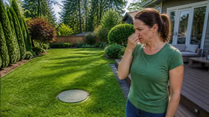 A homeowner holding their nose in a beautiful backyard, illustrating the invisible problem of a rotten egg smell from septic tank