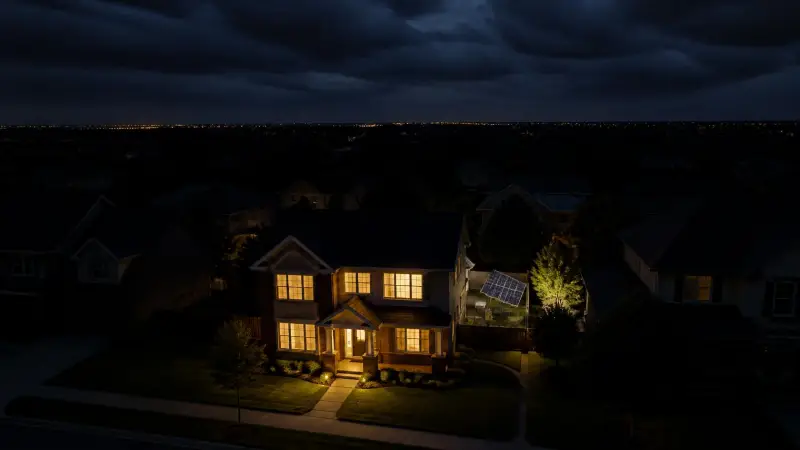 A quiet suburban home glowing with warm light during a massive city-wide blackout, showcasing the benefits of living off the grid electricity