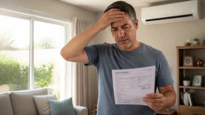A stressed homeowner looking at a surprisingly high summer electricity bill next to a running air conditioning unit