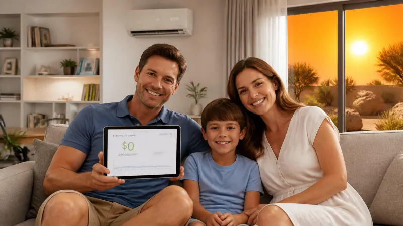 A happy family relaxing comfortably in a cool, air-conditioned living room during a hot summer day, having successfully learned how to reduce electricity costs at home