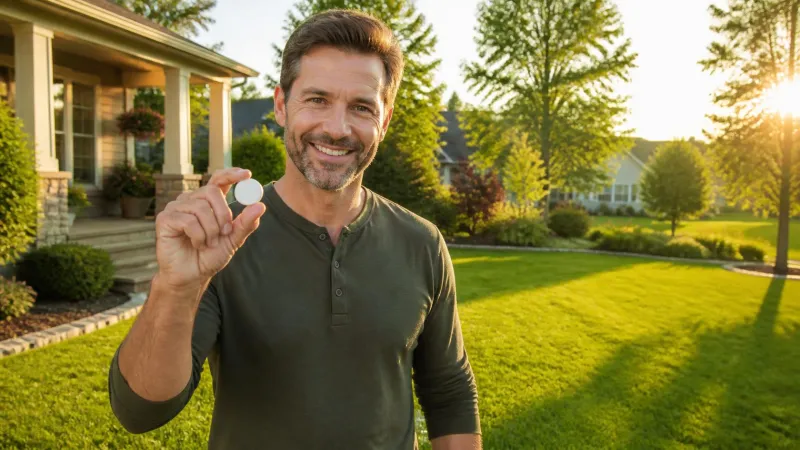 A relieved homeowner holding a solid septic treatment tablet, standing on a lush, healthy green lawn over their clean septic system