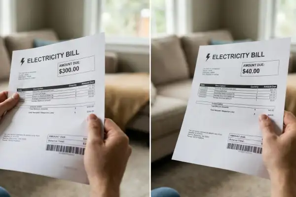 Comparison of electricity bills $300 vs $40