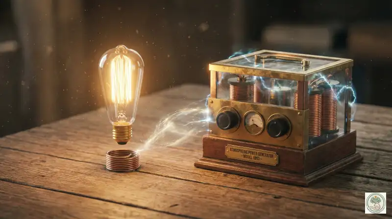 A light bulb glowing wirelessly powered by an atmospheric generator device