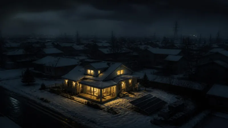 A single house with lights on during a terrifying city-wide blackout, showing the reality of living off the grid electricity