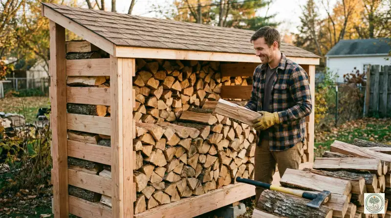Man stacking wood into a newly built firewood rack